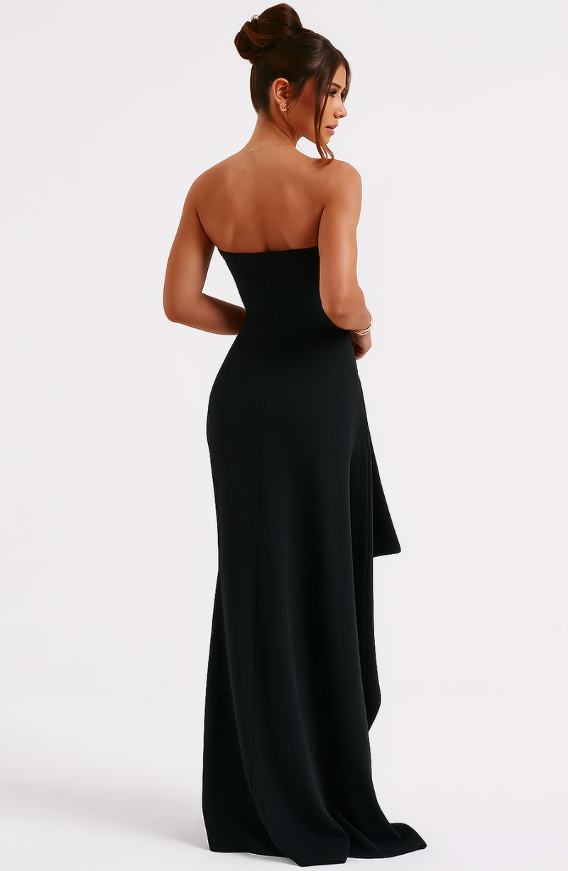 Women’s Strapless Maxi Dress with High Slit and Asymmetric Draped Overlay