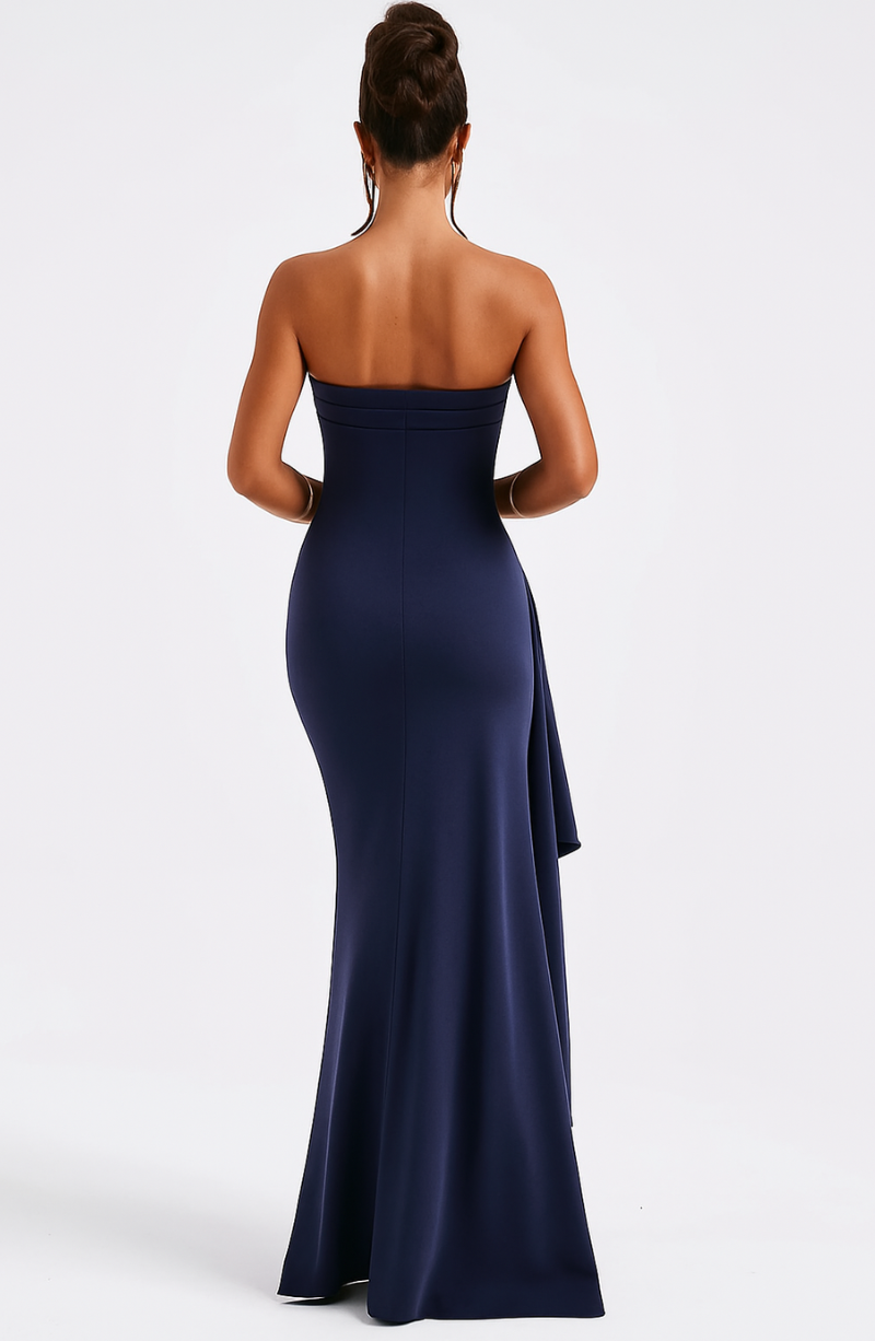 Women’s Strapless Maxi Dress with High Slit and Asymmetric Draped Overlay
