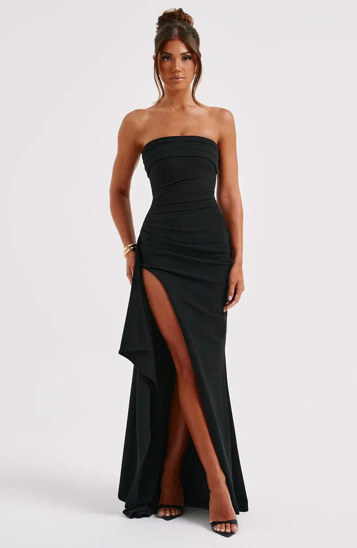 Women's Strapless Wedding Guest Dress with Slit and Maxi Length