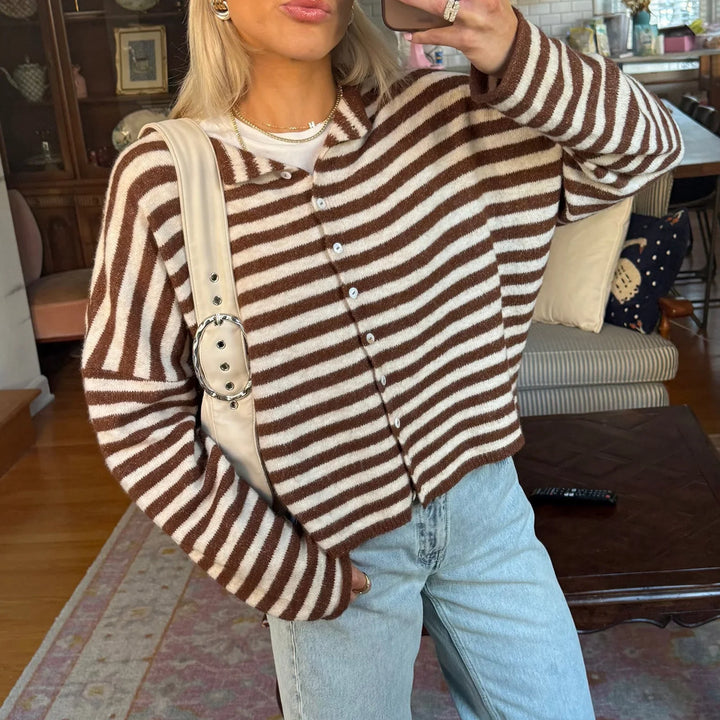Women’s Striped Polo Collar Cardigan with Long Sleeves and Button Front