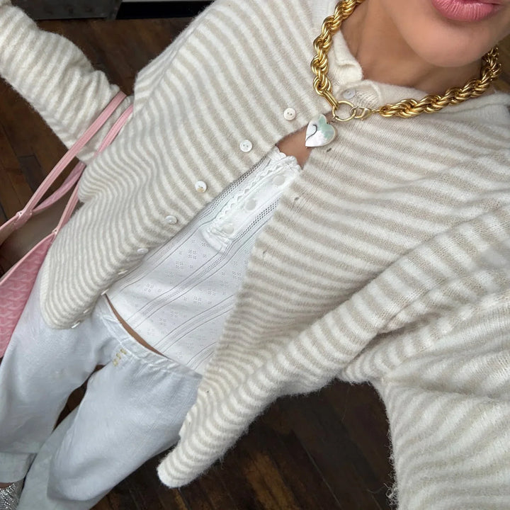 Women’s Striped Polo Collar Cardigan with Long Sleeves and Button Front