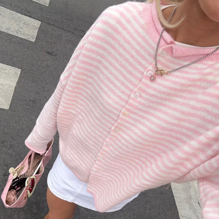 Women’s Striped Polo Collar Cardigan with Long Sleeves and Button Front