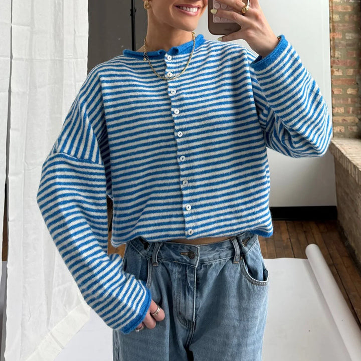 Women’s Striped Polo Collar Cardigan with Long Sleeves and Button Front