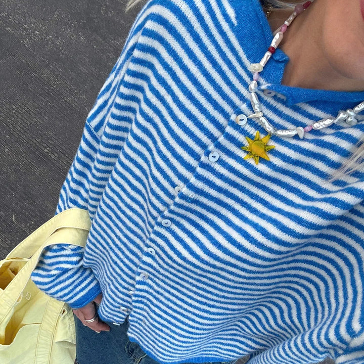 Women’s Striped Polo Collar Cardigan with Long Sleeves and Button Front