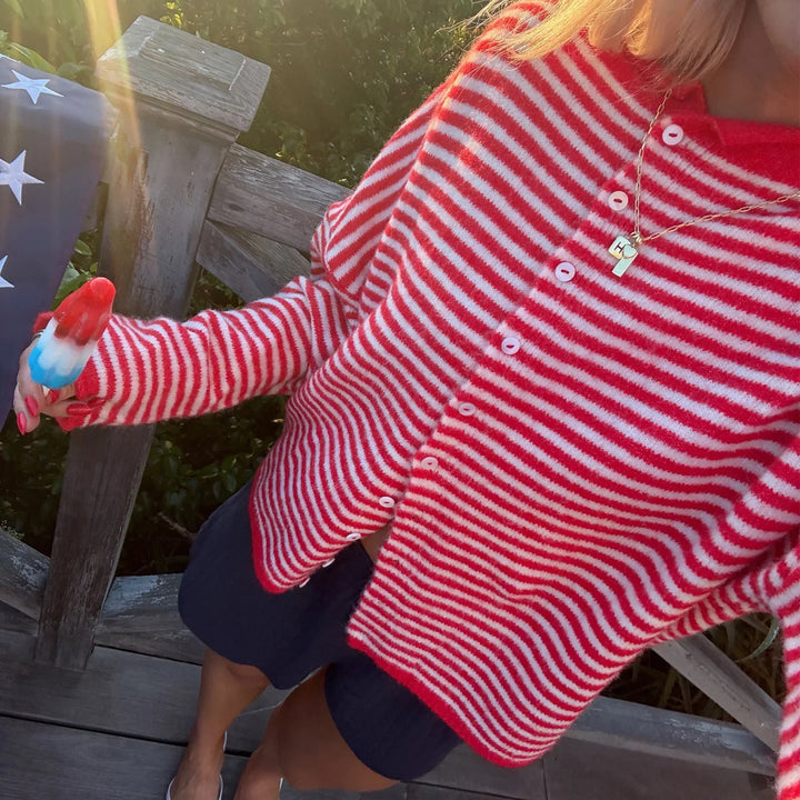 Women’s Striped Polo Collar Cardigan with Long Sleeves and Button Front