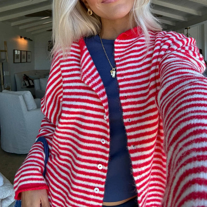 Women’s Striped Polo Collar Cardigan with Long Sleeves and Button Front