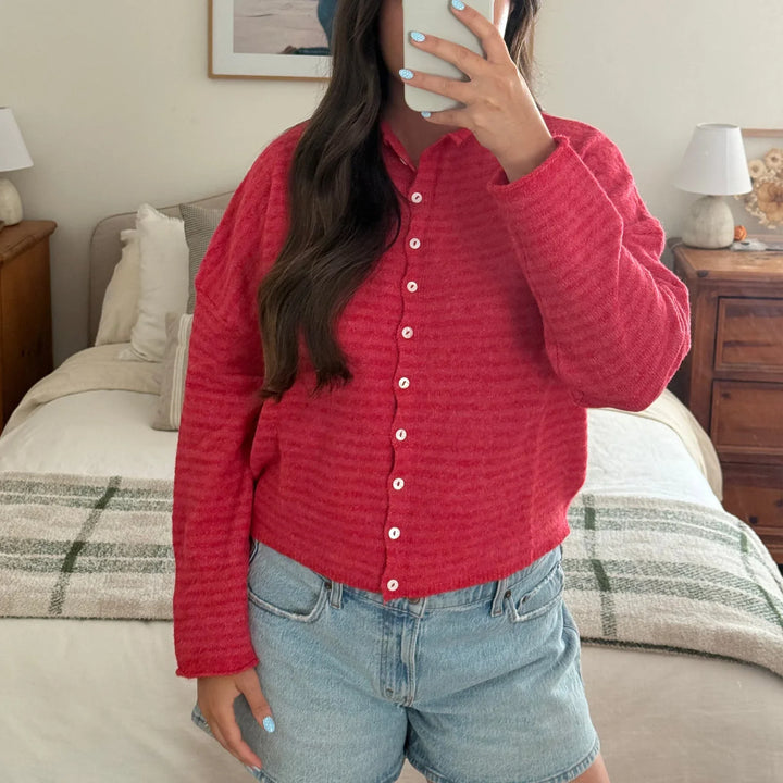Women’s Striped Polo Collar Cardigan with Long Sleeves and Button Front