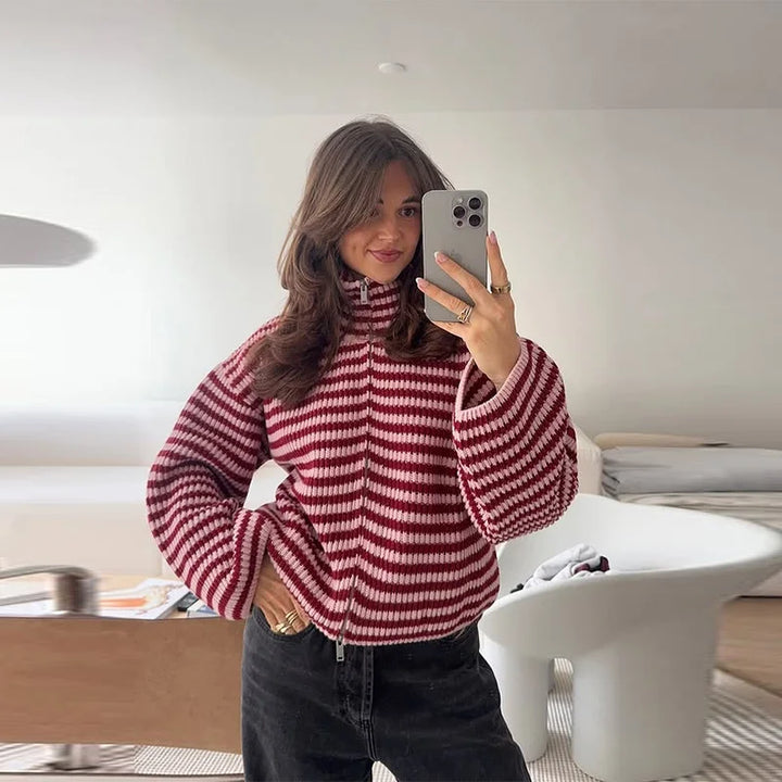 Women’s Striped Turtleneck Cardigan with Full Front Zipper and Wide Sleeves