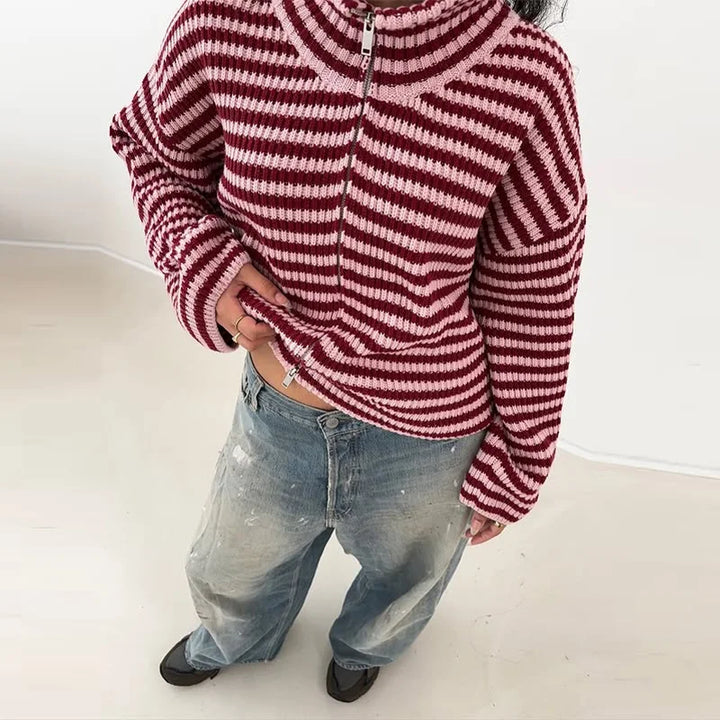 Women’s Striped Turtleneck Cardigan with Full Front Zipper and Wide Sleeves