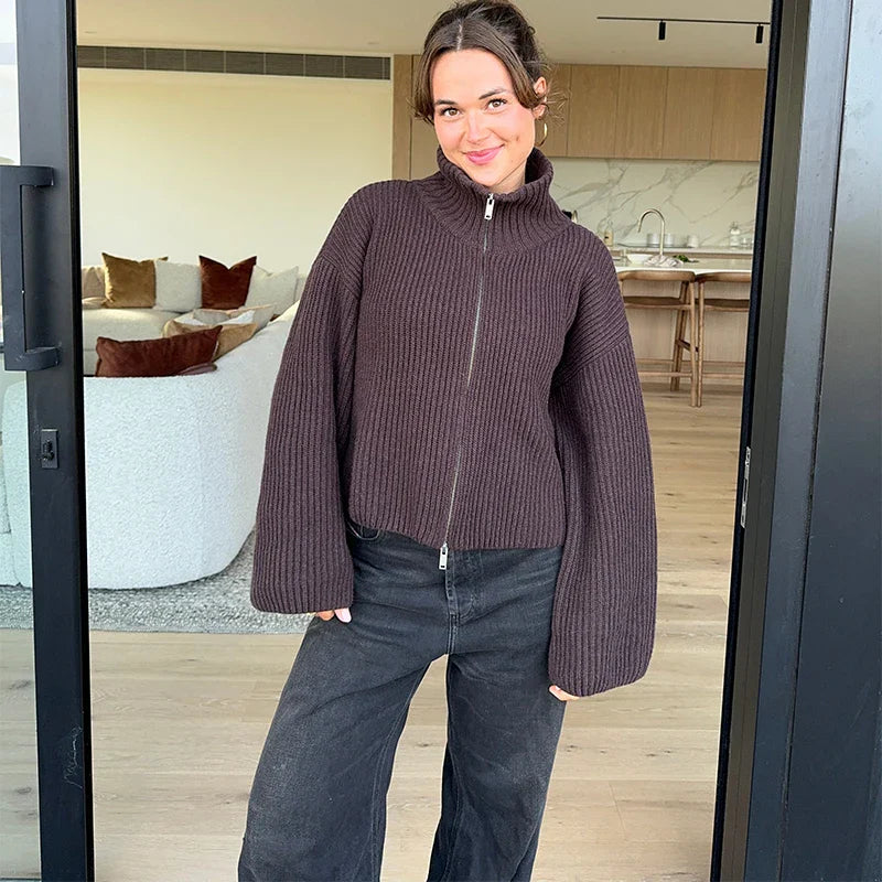 Women’s Striped Turtleneck Cardigan with Full Front Zipper and Wide Sleeves