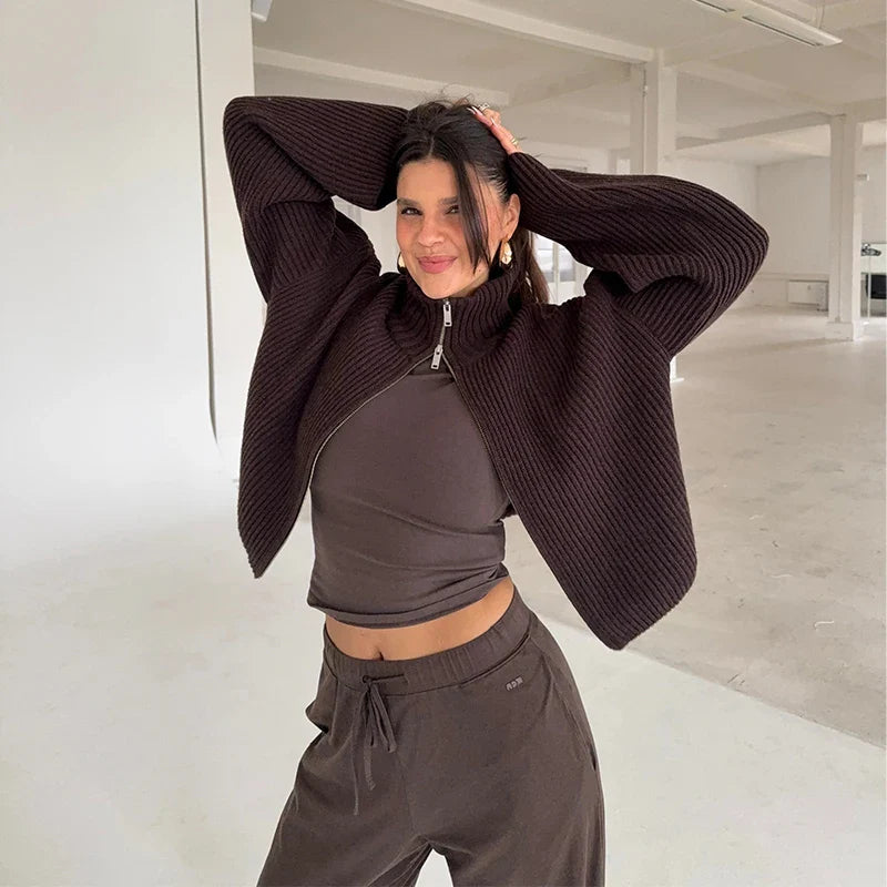 Women’s Striped Turtleneck Cardigan with Full Front Zipper and Wide Sleeves
