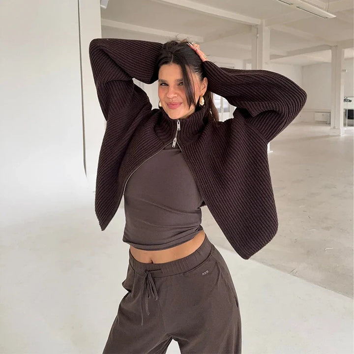 Women’s Striped Turtleneck Cardigan with Full Front Zipper and Wide Sleeves