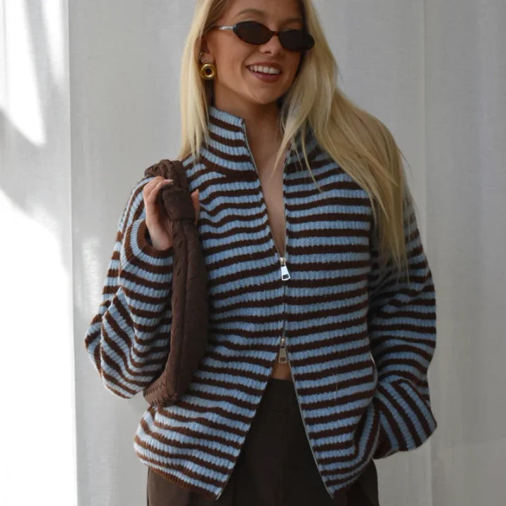 Women’s Striped Turtleneck Cardigan with Full Front Zipper and Wide Sleeves