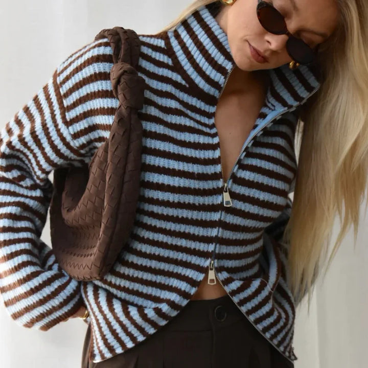 Women’s Striped Turtleneck Cardigan with Full Front Zipper and Wide Sleeves