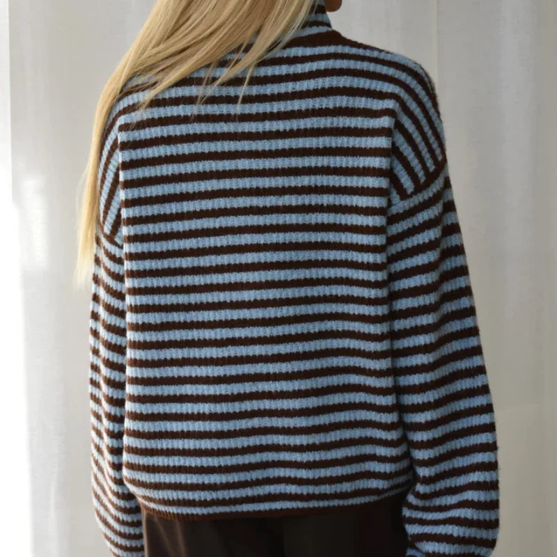 Women’s Striped Turtleneck Cardigan with Full Front Zipper and Wide Sleeves