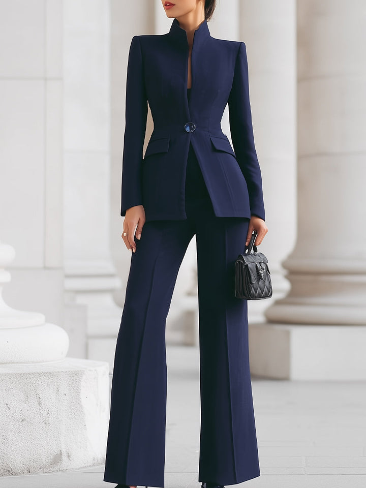 Women's Suit with High-Collar Blazer and Wide-Leg Pants