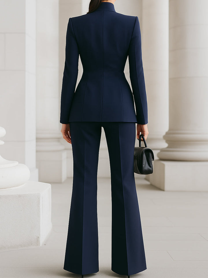 Women's Suit with High-Collar Blazer and Wide-Leg Pants