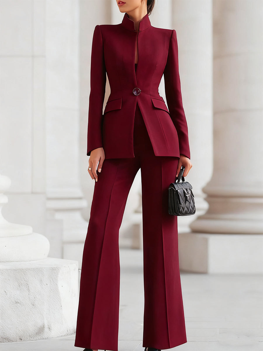 Women's Suit with High-Collar Blazer and Wide-Leg Pants