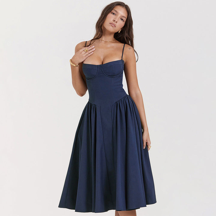 Women’s Sweetheart Neck Midi Dress with Gathered Skirt and Pockets