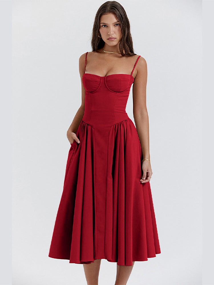 Women’s Sweetheart Neck Midi Dress with Gathered Skirt and Pockets
