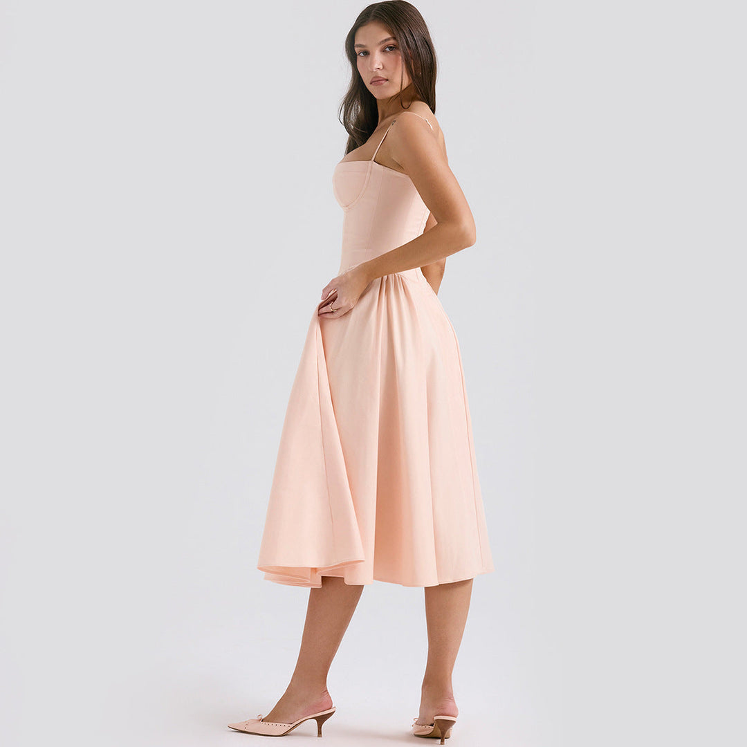 Women’s Sweetheart Neck Midi Dress with Gathered Skirt and Pockets
