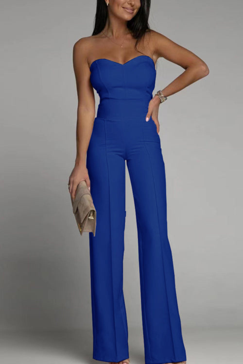 Women’s Sweetheart Neckline Jumpsuit with Strapless and Wide Leg Pants