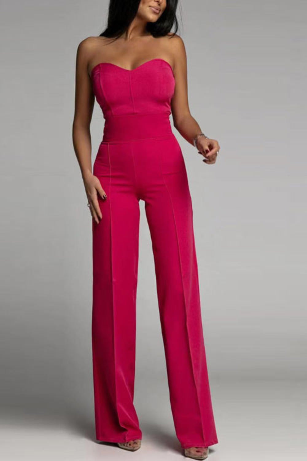 Women’s Sweetheart Neckline Jumpsuit with Strapless and Wide Leg Pants