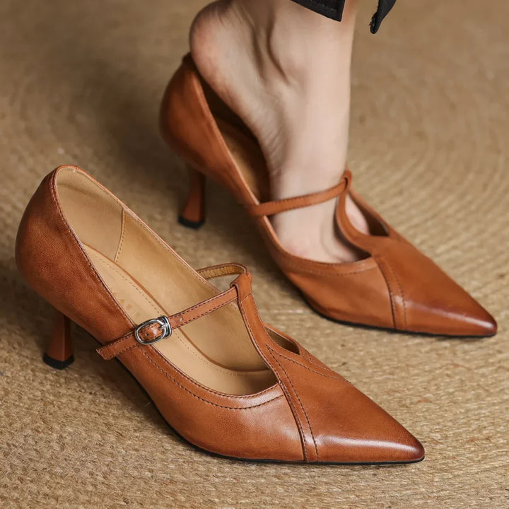 Women's T-Strap Heels with Pointed Toe and Buckle