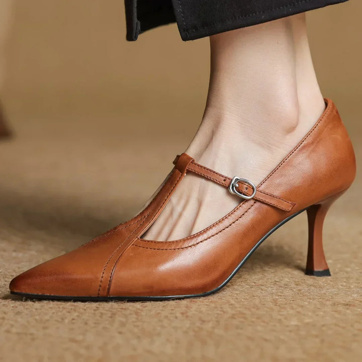 Women's T-Strap Heels with Pointed Toe and Buckle