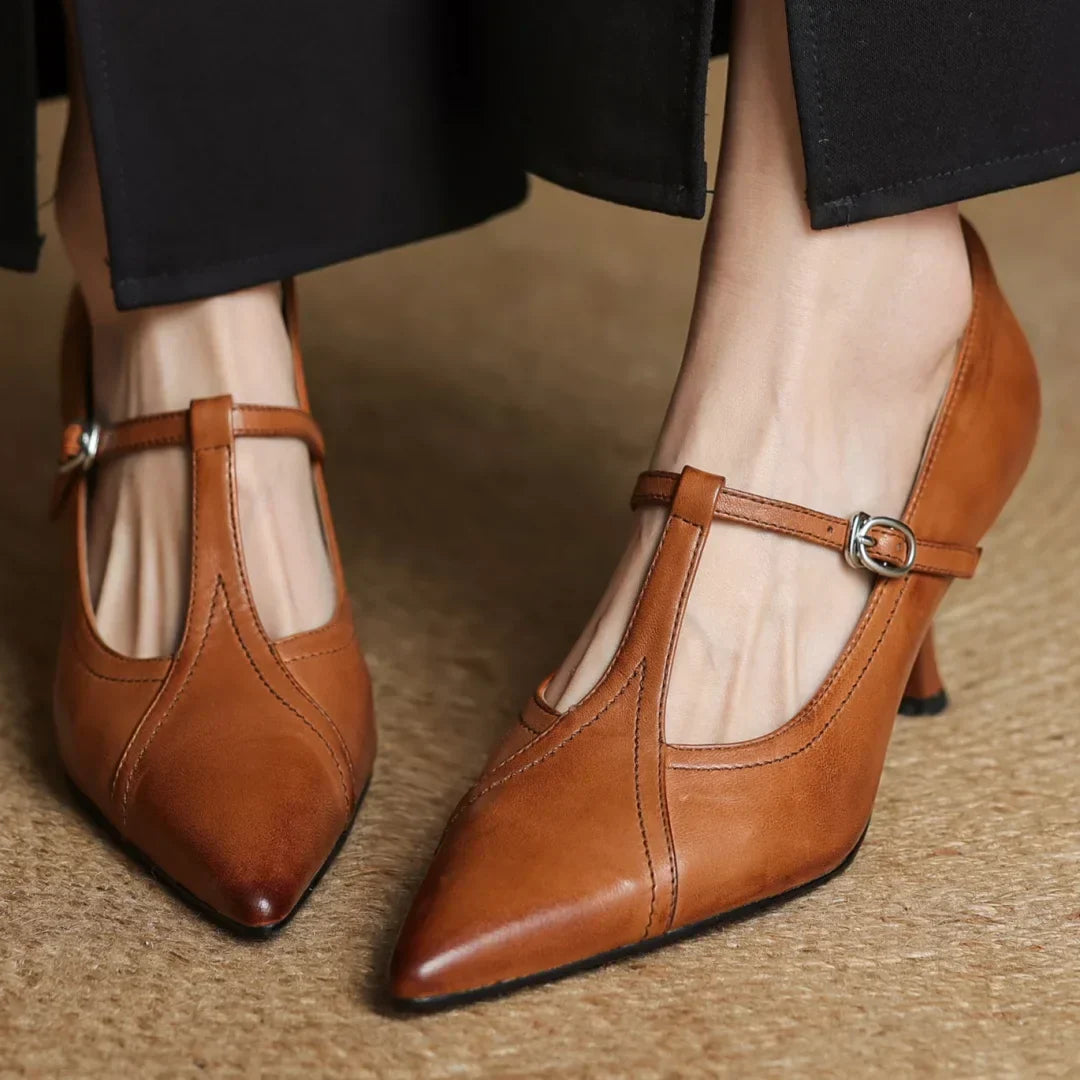 Women's T-Strap Heels with Pointed Toe and Buckle
