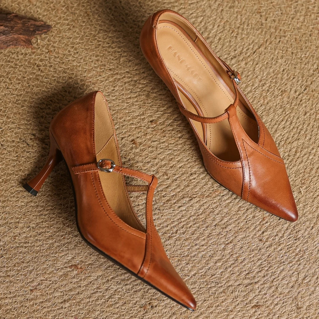 Women's T-Strap Heels with Pointed Toe and Buckle