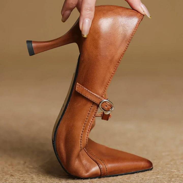 Women's T-Strap Heels with Pointed Toe and Buckle
