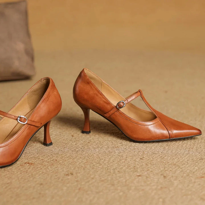 Women's T-Strap Heels with Pointed Toe and Buckle
