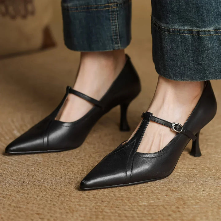 Women's T-Strap Heels with Pointed Toe and Buckle