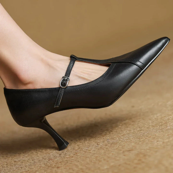 Women's T-Strap Heels with Pointed Toe and Buckle