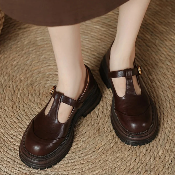 Women’s T-Strap Mary Jane Shoes with Platform Lug Soles and Buckle Closure