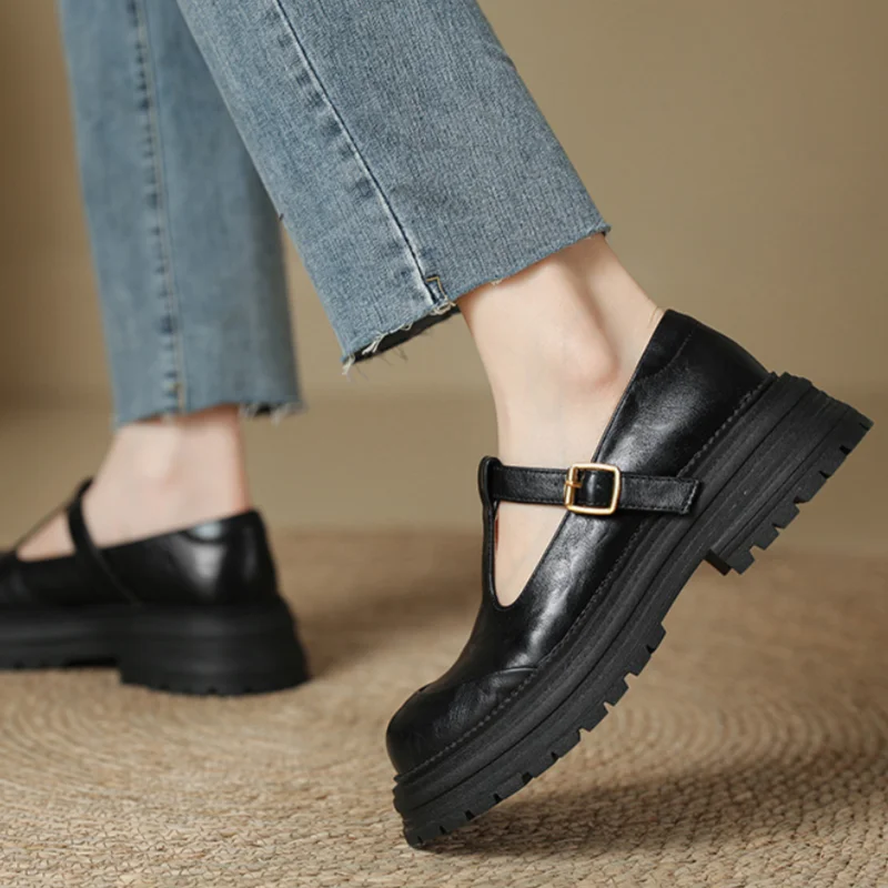Women’s T-Strap Mary Jane Shoes with Platform Lug Soles and Buckle Closure