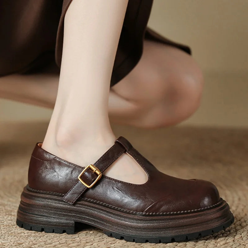 Women’s T-Strap Mary Jane Shoes with Platform Lug Soles and Buckle Closure