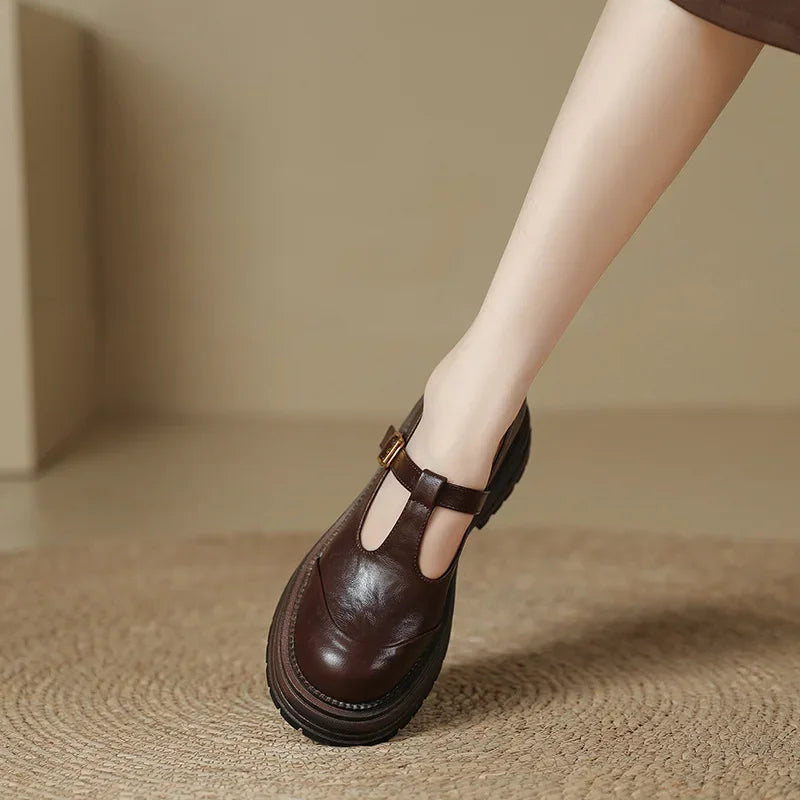 Women’s T-Strap Mary Jane Shoes with Platform Lug Soles and Buckle Closure