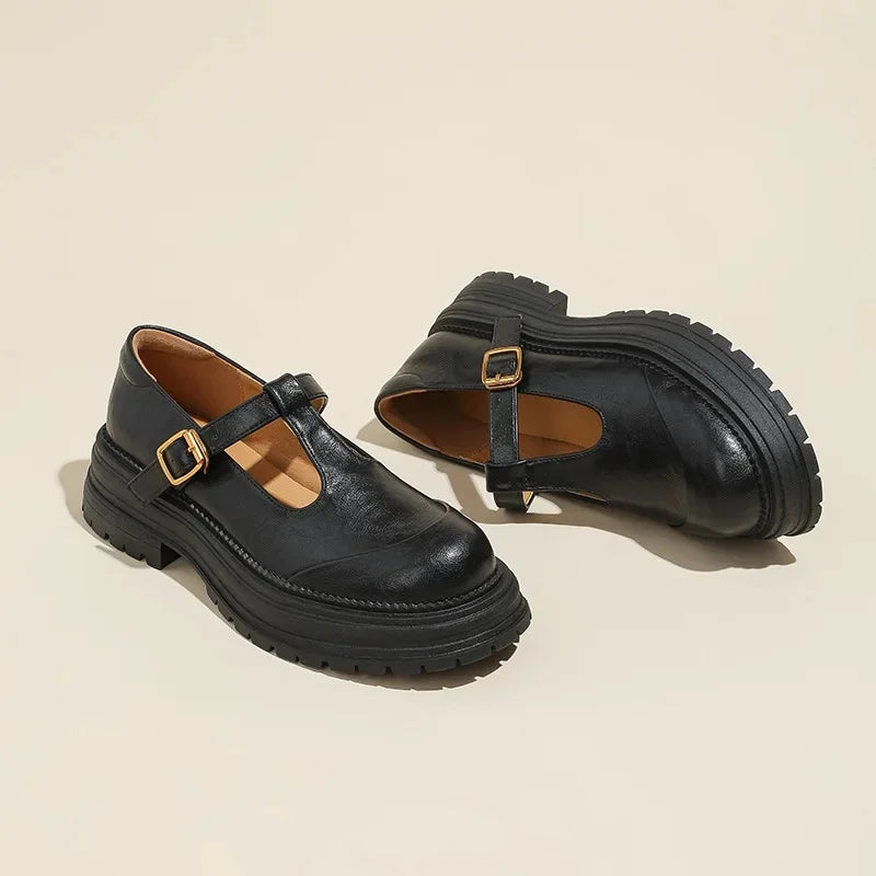 Women’s T-Strap Mary Jane Shoes with Platform Lug Soles and Buckle Closure
