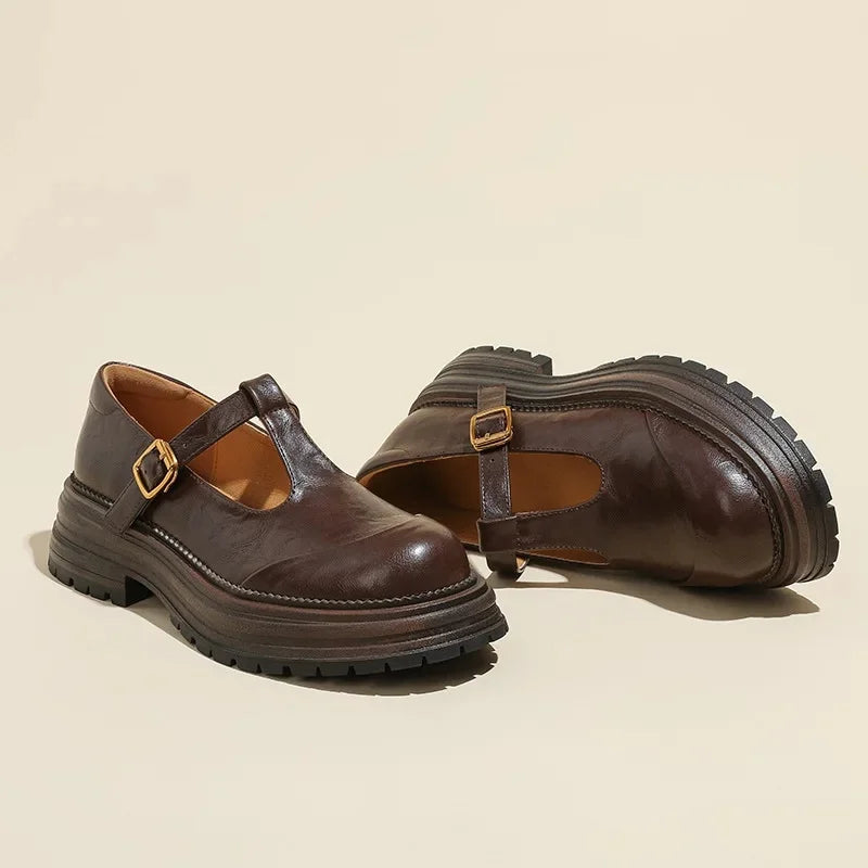 Women’s T-Strap Mary Jane Shoes with Platform Lug Soles and Buckle Closure