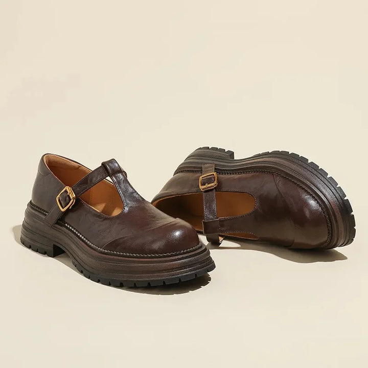 Women’s T-Strap Mary Jane Shoes with Platform Lug Soles and Buckle Closure