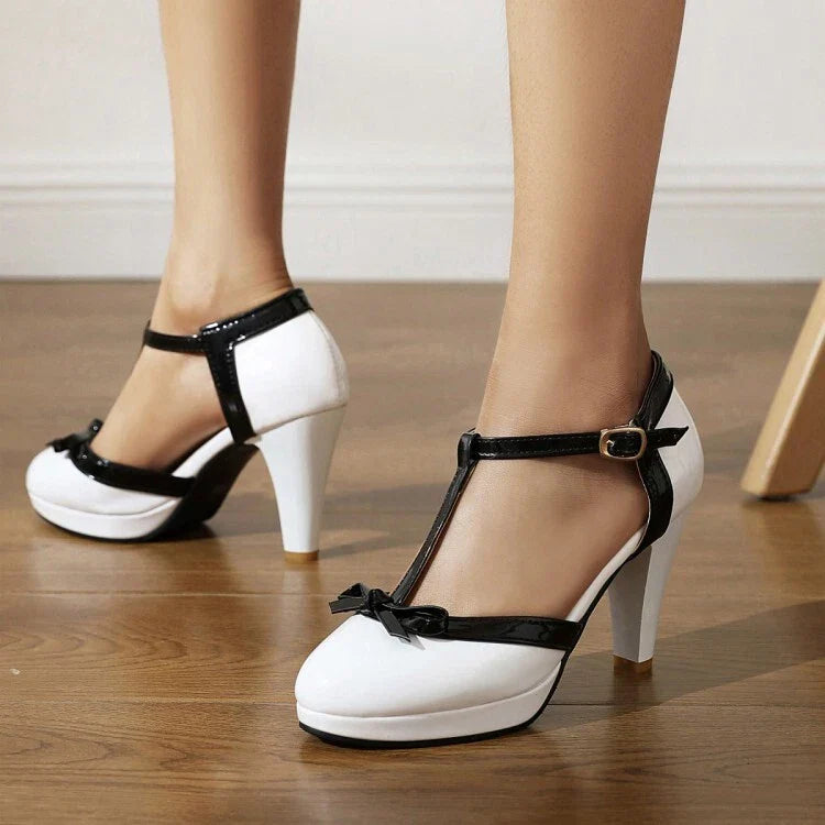Women’s T-Strap Platform Heels with Bow Detail and Ankle Strap