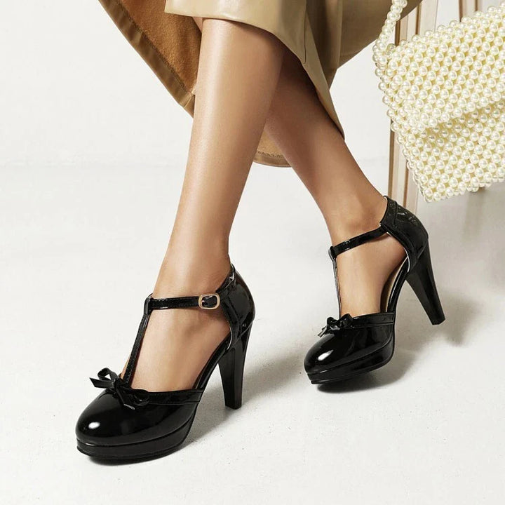 Women’s T-Strap Platform Heels with Bow Detail and Ankle Strap