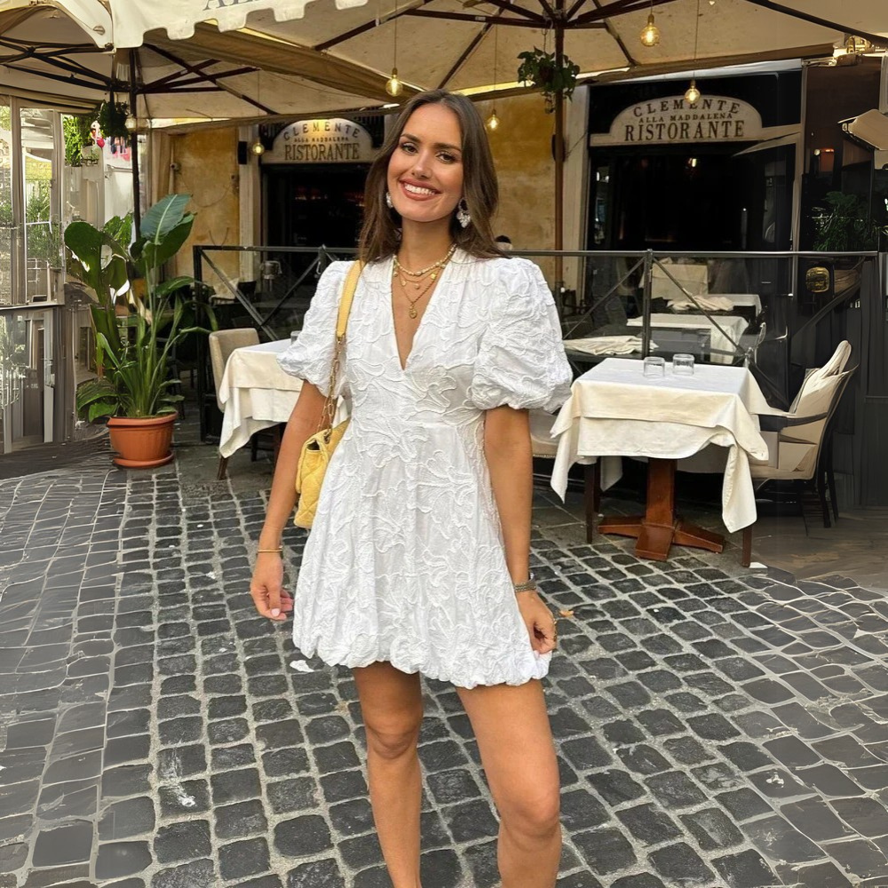 Women’s Textured Mini Dress with Puff Sleeves and Deep V-Neck