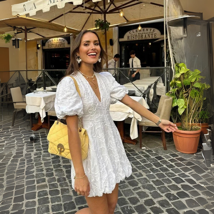 Women’s Textured Mini Dress with Puff Sleeves and Deep V-Neck