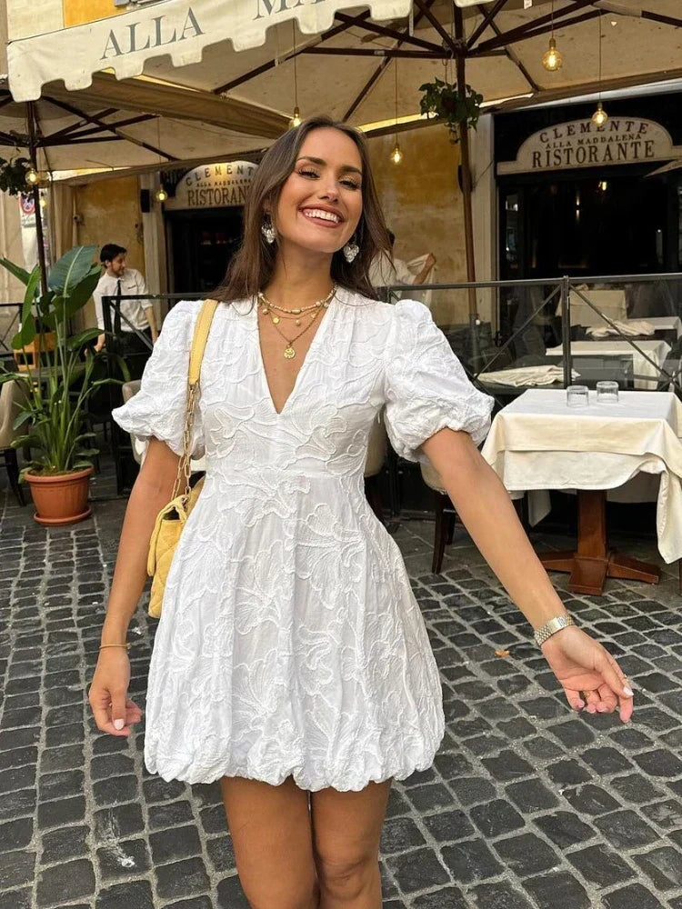 Women’s Textured Mini Dress with Puff Sleeves and Deep V-Neck