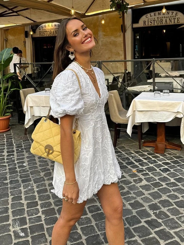 Women’s Textured Mini Dress with Puff Sleeves and Deep V-Neck