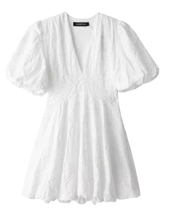 Women’s Textured Mini Dress with Puff Sleeves and Deep V-Neck