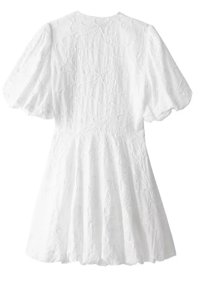 Women’s Textured Mini Dress with Puff Sleeves and Deep V-Neck